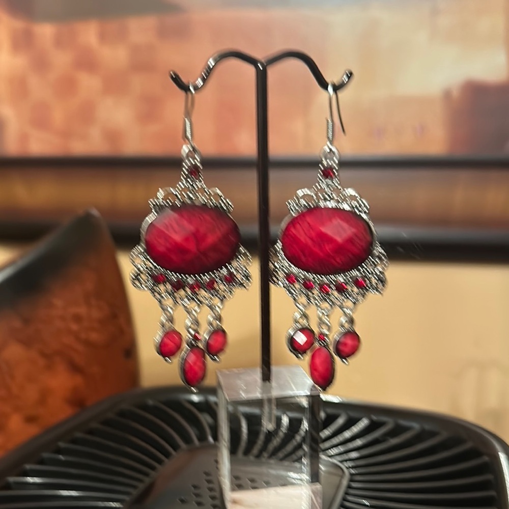 Red and Silver Dangle Earrings with Intricate Metalwork